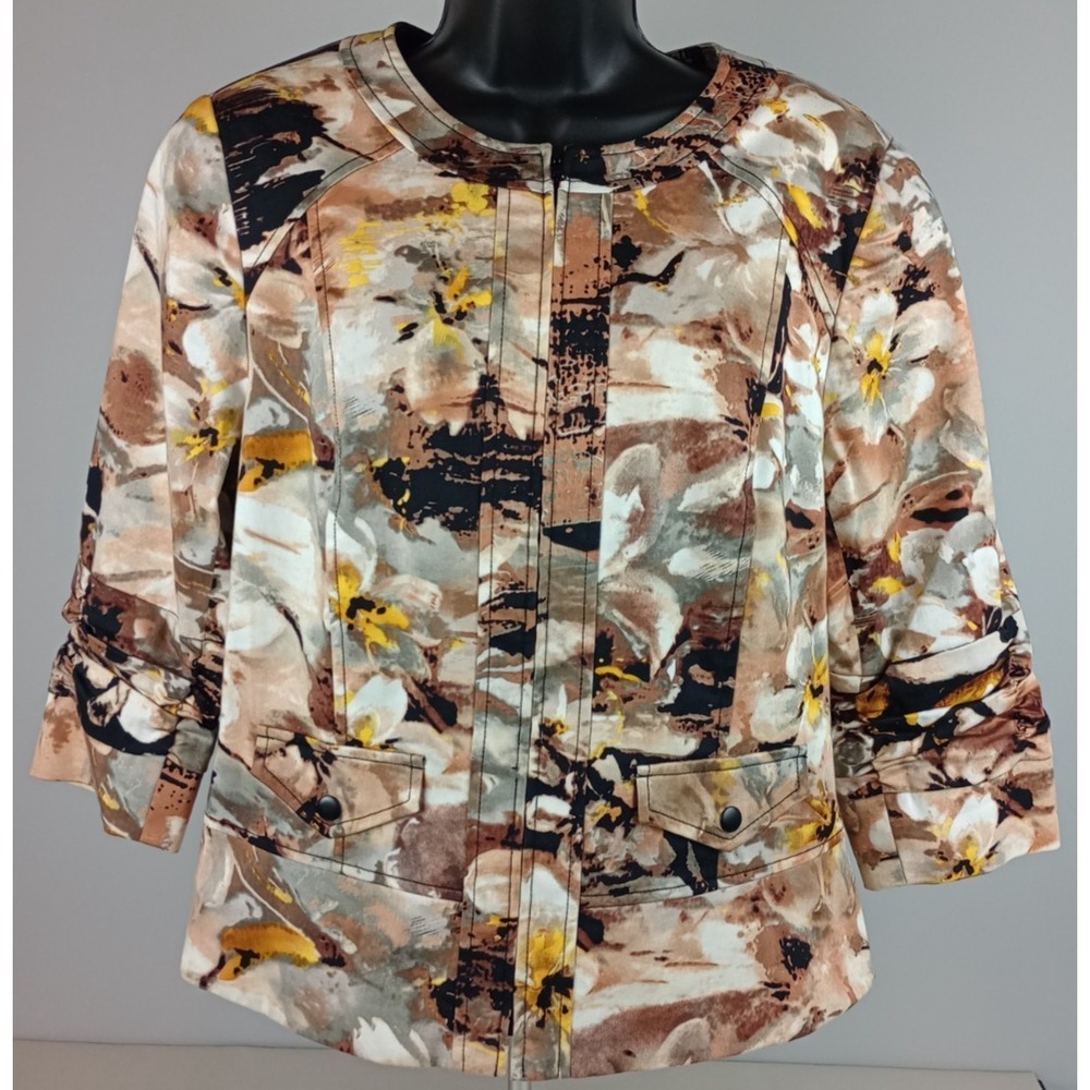 Coldwater Creek Womens 14 Brown Cream Floral Zip 3/4 Sleeve Jacket